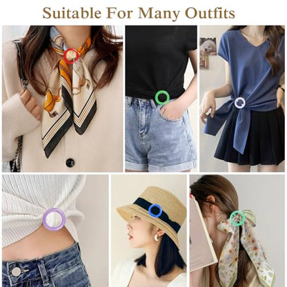 12PCS Silk Scarf Ring Clip T-shirt Tie Clips for Women Fashion Resin Ring Scarves Clasp Waist Buckle for Shirts Wrap Holder with 1 Exquisite Box 12 Colors (Rainbow Style)