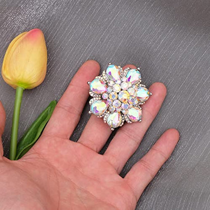 Flower Shape Crystal Cocktail Stretch Ring Party Prom Floral Statement Elastic Ring for Women - color: AB crystal-Platinum tone