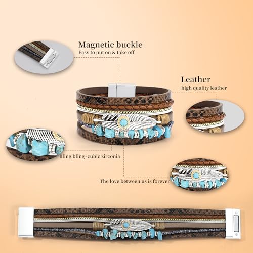 Bracelets for Women, Gifts for Mom Her Christmas Gift 2026 Leather Bracelets for Women Birthday Gift for Daughter Inspirational Wrap Bracelet Sister Friend Teen Girl Gift Layered Stocking Stuffers Jewelry - style: Brown-Turquoise