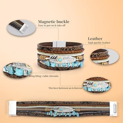 Bracelets for Women, Gifts for Mom Her Christmas Gift 2026 Leather Bracelets for Women Birthday Gift for Daughter Inspirational Wrap Bracelet Sister Friend Teen Girl Gift Layered Stocking Stuffers Jewelry - style: Brown-Turquoise