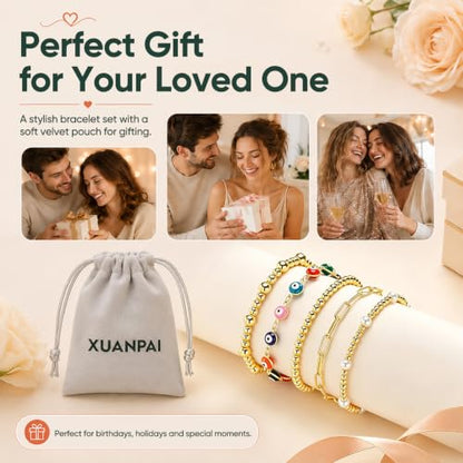 XUANPAI Evil Eye Bracelet for Women, 14K Gold Plated Beaded Bracelet Set | 5PCS Stackable Dainty Nazar Bracelet, Adjustable Turkish Eye Good Luck Protection Jewelry Gift for Mother’s Day Birthday - color: Multicolor