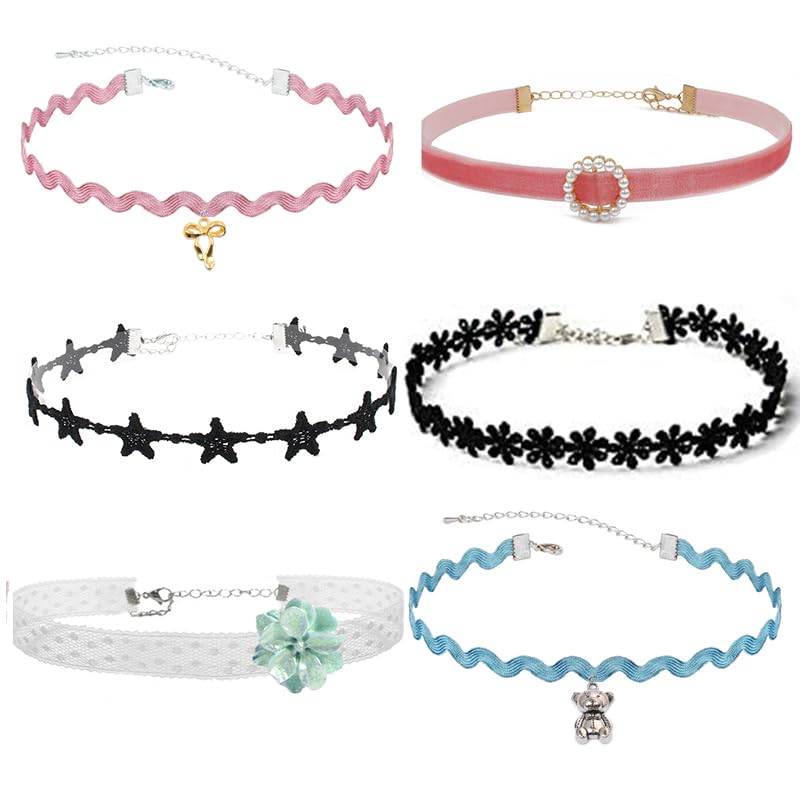 Nova&Aria Chokers Set For Women Heart Choker Necklaces Flower Pendant Velvet Cute Pink Turquoise Blue White Black Choker Necklace Christmas Colorful Lace Chokers - color: Pink&Black&Green