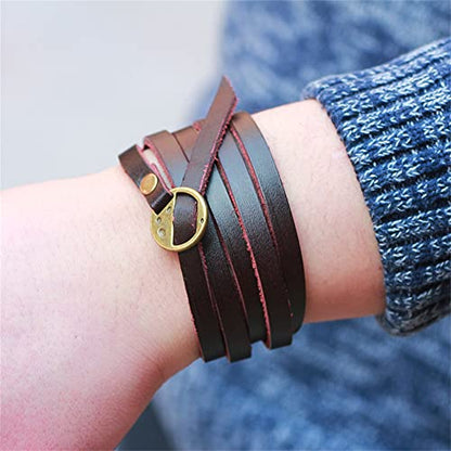 Handmade Genuine Leather 0.6cm Width 5 Wrap Bracelet for Women Alphabets Stamped Inspirational Words Multilayer Leather Bracelet Jewelry Gift For Men Women - color: Coffee