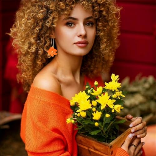 WCRAZYE Bohemian Daisy Flower Earrings Necklace Sets for Women Unique Trendy Boho Matte 3D Gold Flower Floral Petal Statement Earring Wedding Jewelry - color: Orange