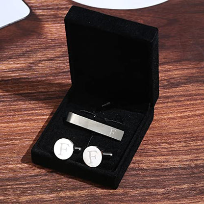 Initial Cuff Links Mens and Tie Clips for Men | Classic Silver Letter Alphabet A-Z Cufflinks and Tie Bar Set, Gifts for Men Father Husband for Formal Business Wedding - style: F