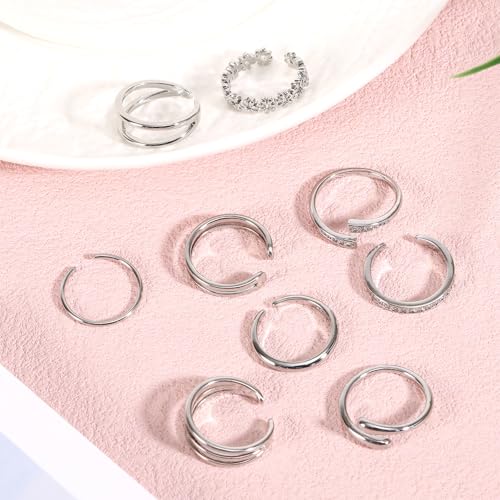 Mikovivi 9pcs Toe Rings for Women, 9 Styles Non Tarnish Adjustable CZ Flower Hug Band Open Toe Rings Set Dainty Foot Jewelry Accessories for Women Summer Beach Party - color: Silver