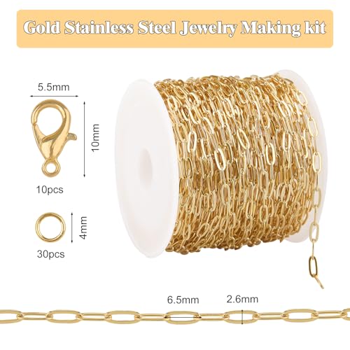 GTVOODX 33 Feet Gold Paperclip Necklace Chains Bulk for Jewelry Making | Oval Soldered Stainless Steel Necklace Bulk Chain Roll Spool for DIY Bracelet Craft Supplies with Lobster Clasps Jump Rings - color: Gold Thin Paperclip Chains