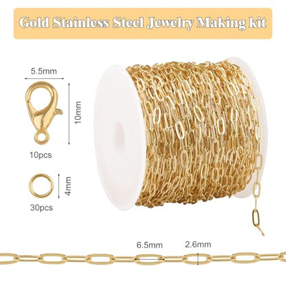 GTVOODX 33 Feet Gold Paperclip Necklace Chains Bulk for Jewelry Making | Oval Soldered Stainless Steel Necklace Bulk Chain Roll Spool for DIY Bracelet Craft Supplies with Lobster Clasps Jump Rings - color: Gold Thin Paperclip Chains