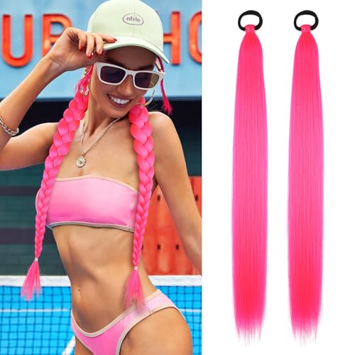 Ponytail Extension 2 Pc Rose Red Braid Ponytail Extension with Elastic Tie | Rave Hair Extensions Straight Wrap Around Hair Extensions Ponytail, 26 Inch Natural Soft Synthetic Hair Piece for Women - color: Rose Red#, size: 26 Inch（Pack of 2）