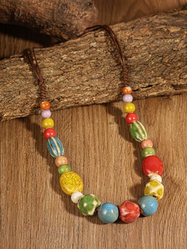 MINACHI Hippie Boho Colorful Ceramic Round Beads Strand Necklace, Bohemian Fashion Statement Jewelry Gift for Women - color: S07