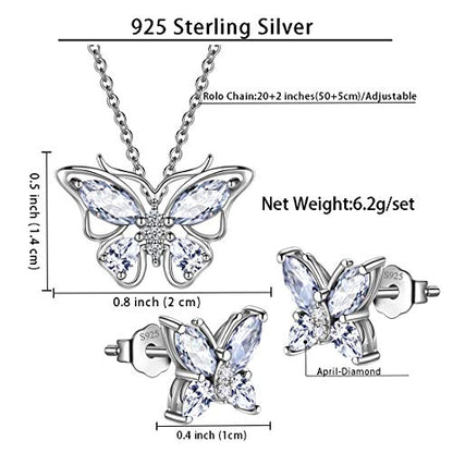 925 Sterling Silver Birthstone Butterfly Jewelry Women Crystal Animal Cute Butterflies Birthday Necklace/Earring/Ring/Bracelet Sets Birth Stone Statement Anniversary Jewellery - color: 1-D.April-Diamond