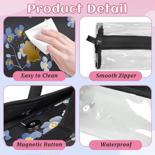 Blue Wildflowers Hanging Roll Up Cosmetic Bag with 4 Removable Storage Bags Waterproof Foldable Toiletry Kit for Women - color: Multicolor 9