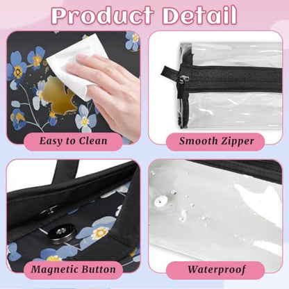 Blue Wildflowers Hanging Roll Up Cosmetic Bag with 4 Removable Storage Bags Waterproof Foldable Toiletry Kit for Women - color: Multicolor 9