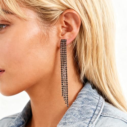 Rhinestone Clip on Earrings for Women Gold/Silver Prom Dresses 2026 Sparkly Chandelier Long Earrings Wedding Guest Jewelry - color: Black Clip on