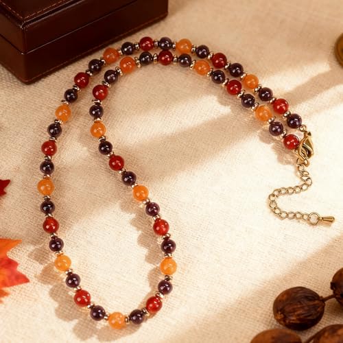Beaded Necklaces for Women 3Pcs Colorful Boho Gemstone Bead Choker Summer Natural Stone Surfer Beach Bead Necklace Bracelets Earring Set Handmade Jewelry for Women Gift Jewelry Sets - color: Red