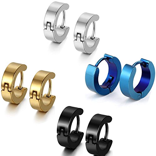 Aroncent Stainless Steel Hoop Earrings: 3-8 Pairs Men Small Hoop Huggie Hinged Earrings Set for Men Women 4mm Valentine Day Gifts - color: B-3PCS-Black+Blue+Silver+Gold