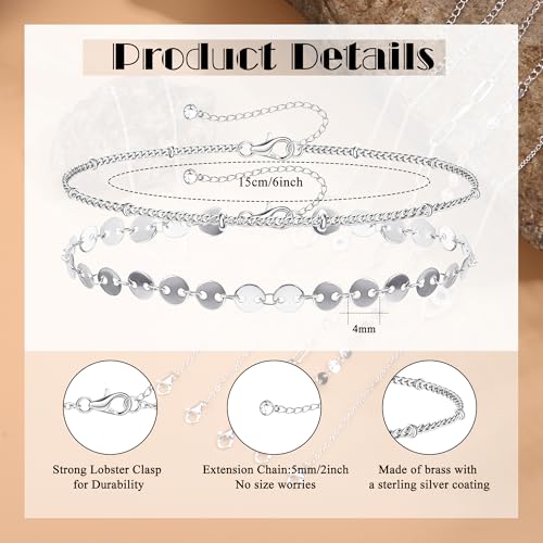 MILACOLATO 925 Sterling Silver Clasp Paperclip Chain Bracelets for Women | 14K White Gold Plated Adjustable Bracelets, Dainty Stackable Layered Satellite Beads Evil Eye Infinity Bracelets Jewelry Gift - color: Coin Chain + Satellite Chain