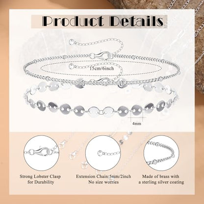 MILACOLATO 925 Sterling Silver Clasp Paperclip Chain Bracelets for Women | 14K White Gold Plated Adjustable Bracelets, Dainty Stackable Layered Satellite Beads Evil Eye Infinity Bracelets Jewelry Gift - color: Coin Chain + Satellite Chain