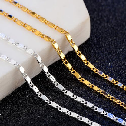 Gold Silver Necklace Chain With Adjustable Lobster Clasp, Diamond Cut Geometric Gold Beads Stationed on Dainty 2mm Cable Box Chain, 16 Inches Rolo Oval Figaro Link Singapore Chain. - color: Gold02