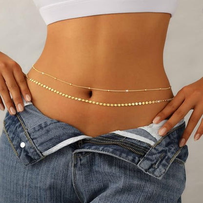 14K Gold Plated Waist Chain for Women Dainty 2Pcs Layered Belly Chain Beaded Pearl Body Chain Belt Set Waterproof Summer Beach Bikini Jewelry Accessories Adjustable Waist Beads Gift - style: 2Pcs Bead&Disc-GD