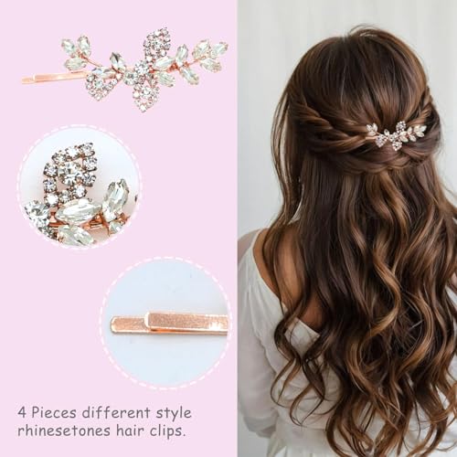 4 Pieces Rhinestone Hair Clips Leaf Wedding Hair Pins Crystal Bobby Pins Bridal Hairpin Barrette for Brides Bridesmaids Flower Girls (Rose Gold) - color: Rose Gold