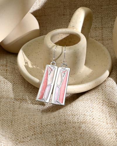 Silver Dangle Earrings for Women Shaped Rectangle Wide Bar Enamel Earrings Colorful Geometric Drop for Daily - color: Pink