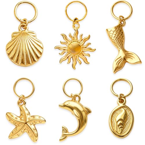Gold Bikini Charms Stainless Steel Beach Charms for Women Swimwear Accessories Waterproof Beach Jewelry Mermaid Shell Starfish Summer Keychain 6Pcs