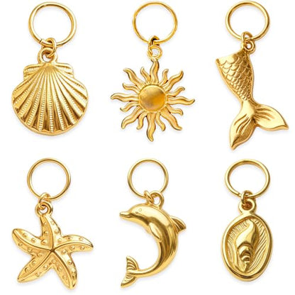 Gold Bikini Charms Stainless Steel Beach Charms for Women Swimwear Accessories Waterproof Beach Jewelry Mermaid Shell Starfish Summer Keychain 6Pcs