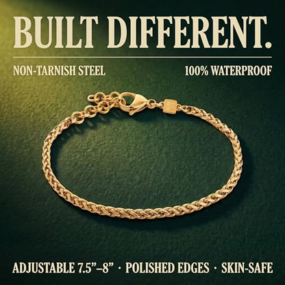 Mens Bracelet - Stainless Steel, Non Tarnish Rope Chain Bracelets, Stylish Fathers Day Gift for Dad, Husband, Boyfriend. - color: Single Gold