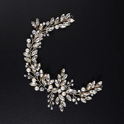 JWICOS Crystal Wedding Headband for Brides Pearl Wedding Hair Accessories Bridal Hair Piece Hair Vine for Women and Girls (Gold) - color: Gold