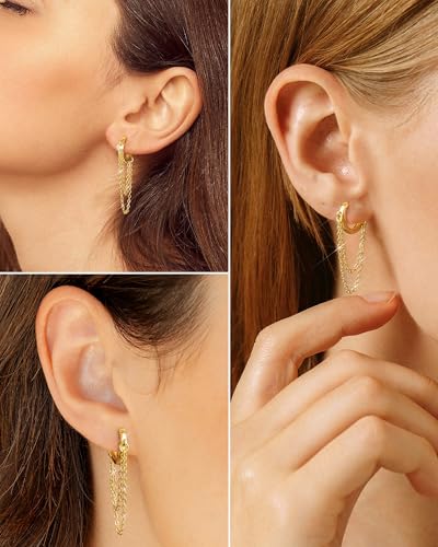 Tassel Chain Small Gold Hoop Dangle Earring For Women Huggie Earring Heart Star CZ 14K Gold Plated Fashion Jewelry Graduation Gift for Her Mothers Day Gifts for Mom - color: Gold-No zircon
