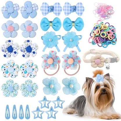 180+ Pcs Blue Dog Hair Accessories Set,Small Dog Hair Bows with Rubber Bands,Cute Puppy Hair Ties,Bowties for Small Dogs Cats,Dog Hair Clip,Floral Bell Collar,Flower Scrunchie - color: Blue