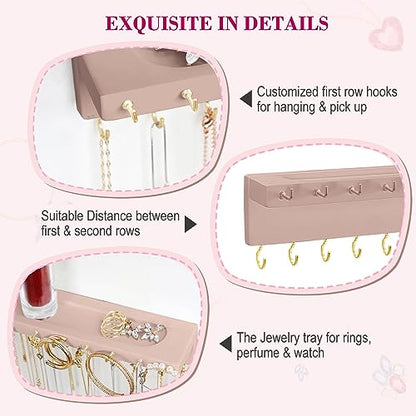 YYILIS Necklace Holder, Upgraded Extra Large Wall Necklace Organizer with 30 Hooks Wall Mounted Necklace Hanger with Jewelry Tray/Cosmetics Shelf Rustic Pine Wood Holder (Pink) | 30 Hooks Wall Mounted Necklace Hanger with Jewelry Tray/Cosmetics Shelf Rust