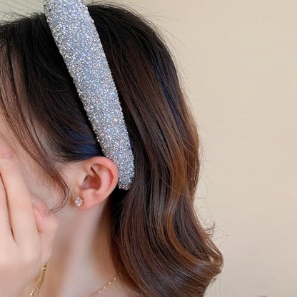 Glitter Crystal Headband for Women Sparkly Bling Diamond Headband Wide Hairband Sparkle Beaded Crystal Headband Thick Padded Headband for Party Non Slip Glitter Hair Hoop (Champagne, L) - color: Champagne