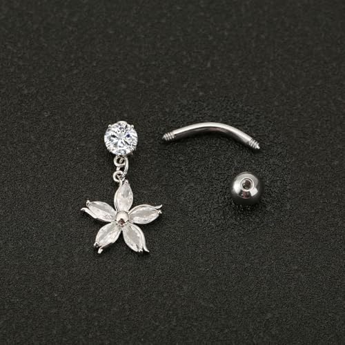 14G Crystal Flower Dangle Belly Button Ring for Women Stainless Steel Rhinestone Fashion Statement Lucky Floral Dangling Charm Curved Barbell Navel Rings Simple Sexy Summer Beach Body Piercing Jewelry - color: Silver