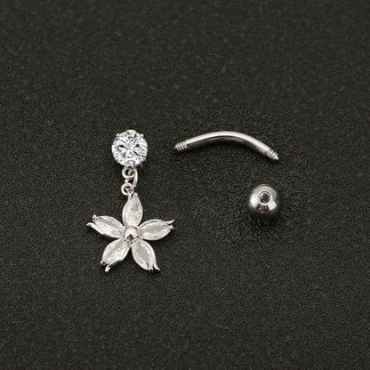 14G Crystal Flower Dangle Belly Button Ring for Women Stainless Steel Rhinestone Fashion Statement Lucky Floral Dangling Charm Curved Barbell Navel Rings Simple Sexy Summer Beach Body Piercing Jewelry - color: Silver