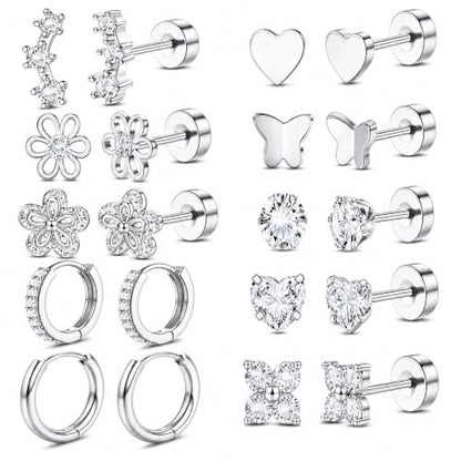 Surgical Stainless Steel Stud Earrings Set for Women | Hypoallergenic, Sensitive Flat Back, Small Cute Hoop Earring Sets, Lobe Helix Cartilage Stacks, Multiple Piercing Jewelry - color: Silver