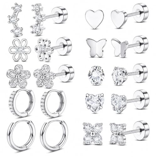 Surgical Stainless Steel Stud Earrings Set for Women | Hypoallergenic, Sensitive Flat Back, Small Cute Hoop Earring Sets, Lobe Helix Cartilage Stacks, Multiple Piercing Jewelry - color: Silver