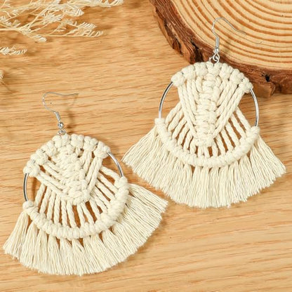 Bohemia Tassel Earrings Statement Handmade Dangle Ethnic Fringe Earrings Bamboo Weaving Geometric Square Sector Gifts for Women - color: round white