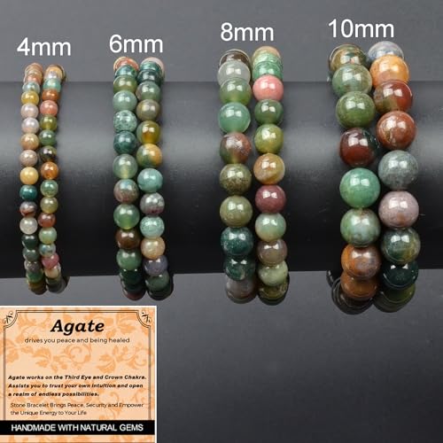 MASSIVE BEADS Handmade Yoga Stretch Elastic Bracelet Natural Stone Crystal Healing Power Energy Gifts for Unisex Adult 4mm 6mm 8mm 10mm - color: Indian Agate(Peaceful), size: 10mm