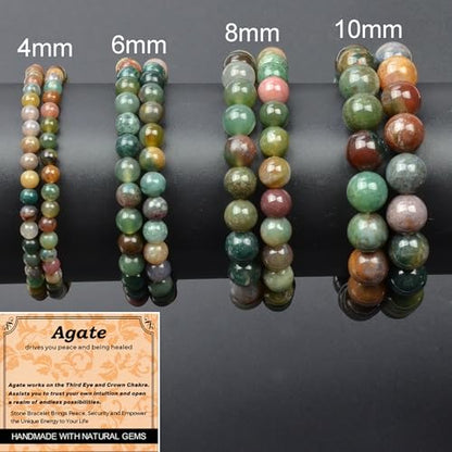 MASSIVE BEADS Handmade Yoga Stretch Elastic Bracelet Natural Stone Crystal Healing Power Energy Gifts for Unisex Adult 4mm 6mm 8mm 10mm - color: Indian Agate(Peaceful), size: 10mm