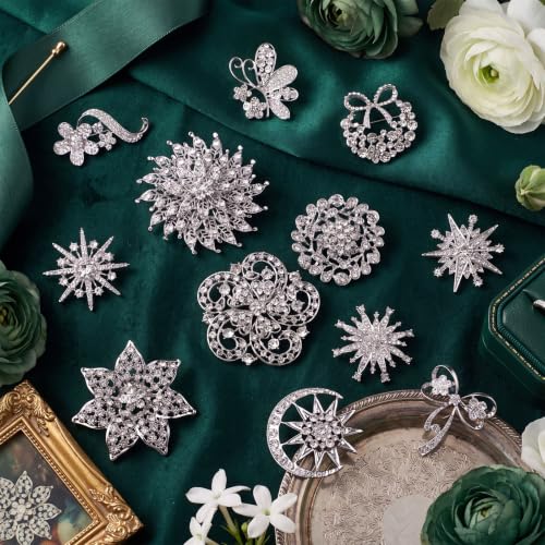 12 Pcs Women Brooches Bulk Vintage Rhinestone Pin Set - style: Crystal