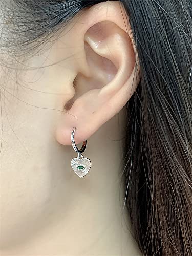 Heart Evil Eye Dangle Small Hoop Earrings for Women Girls 925 Sterling Silver Green CZ Eyes Charms Drop Dangling Huggie Hoops Cartilage Cuff Hypoallergenic Earring Gifts Birthday Christmas Valentine - color: Silver
