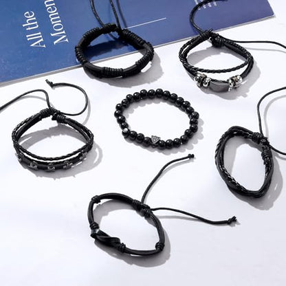 Braided Faux Leather Bracelet Punk Cuff Wrap Bracelets for Men Women Skull,Star,Bull bracelets - color: A6:6PCS