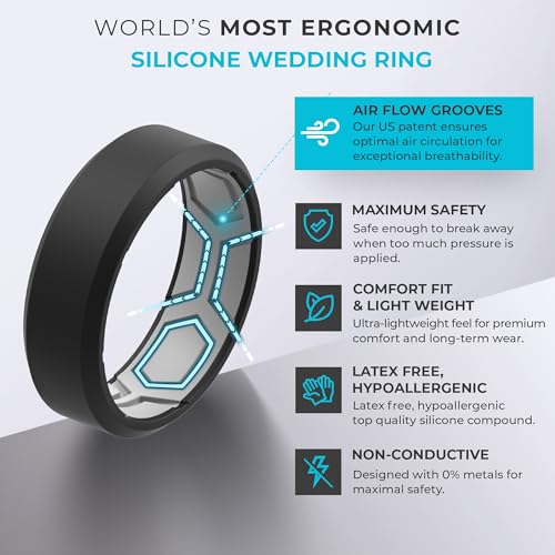 ThunderFit Men Breathable Air Grooves Silicone Rings Wedding Bands 8mm Wide | 2.4mm Thick Rubber Rings, Available in 1, 2, 3, 4, 6 & 7 Packs, Comfortable Fit, Durable & Flexible Silicone - color: Pack C: Charcoal Black / Dark Grey, size: 12.5 - 13 (22.33m