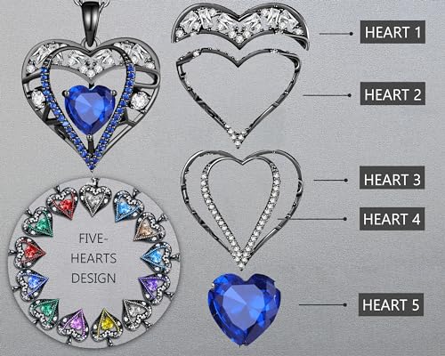 5 Heart I Love You Necklace for Women, Birthstone Crystal Pendant, Birthday Gift for Her, Wife, Mom, Rose Gold or Gunmetal Plated, 925 Sterling Silver Chain 18"+2" - color: 19-September-Sapphire Blue-GunMetal Plated