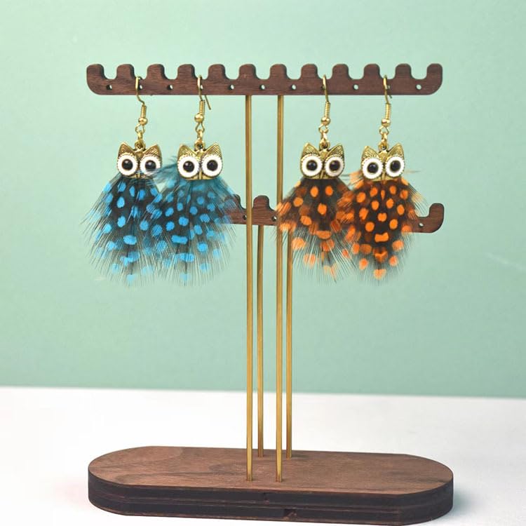 Owl Feather Earrings for Women Bohemian Vintage Personality Wave Dot Feather Dangle Drop Earrings Boho Retro Alloy Long Statement Earrings Feather Party Jewelry Gift