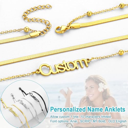 U7 Custom Layered Ankle Bracelets for Women Stainless Steel Bead/Cuban/Figaro/Rope/Wheat Chain Anklet Waterproof Anklet Jewelry for Beach Vacation - color: a-Gold Plated-Herringbone Chain