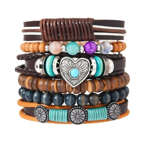 Western Outfits for Women Turquoise Western Bracelets Bohemian Vintage Stackable Beaded Leather Bracelets Adjustable Hand-woven Layered Bracelet Western Country Concert Jewelry for Women - style: Turquoise Love Heart
