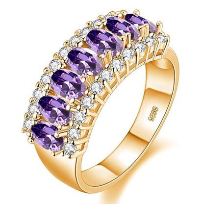 Uloveido Beautiful Women's 7 Stones Wedding Band Oval Cubic Zirconia Engagement Anniversary Rings J501 - color: Gold-Purple